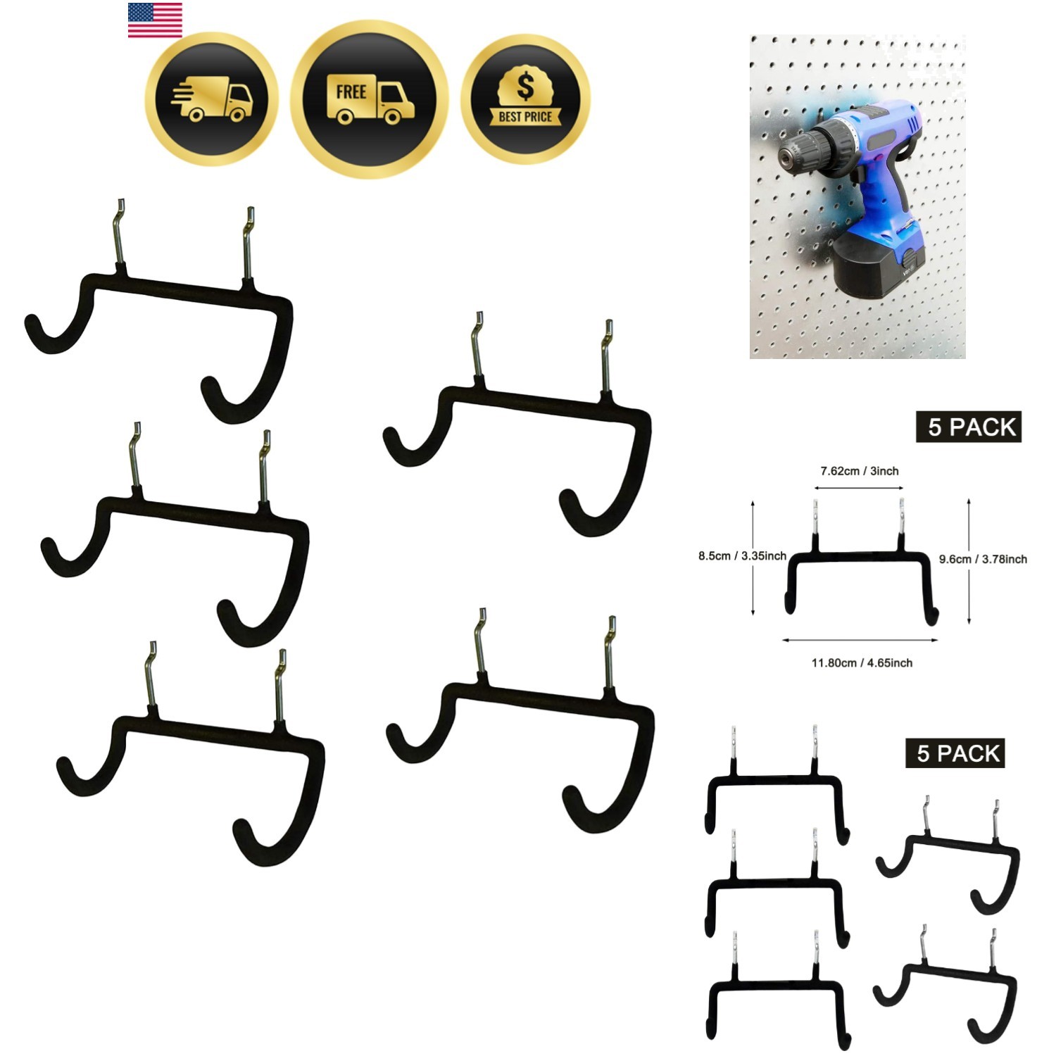 5PCS Pegboard Drill Holder with Double Hooks and Accessories Bag for Power Tools