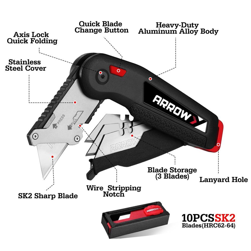 ARROW Utility Knife Quick Change Box Cutter Speed Release Folding Knife 14 Blade