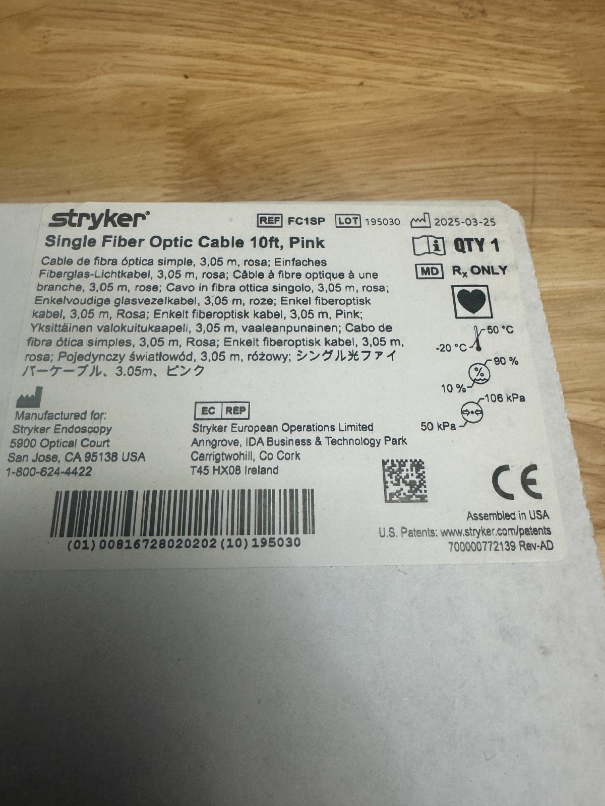 Stryker Single Fiber Optic Cable 10ft, Pink (FC1SP) - New