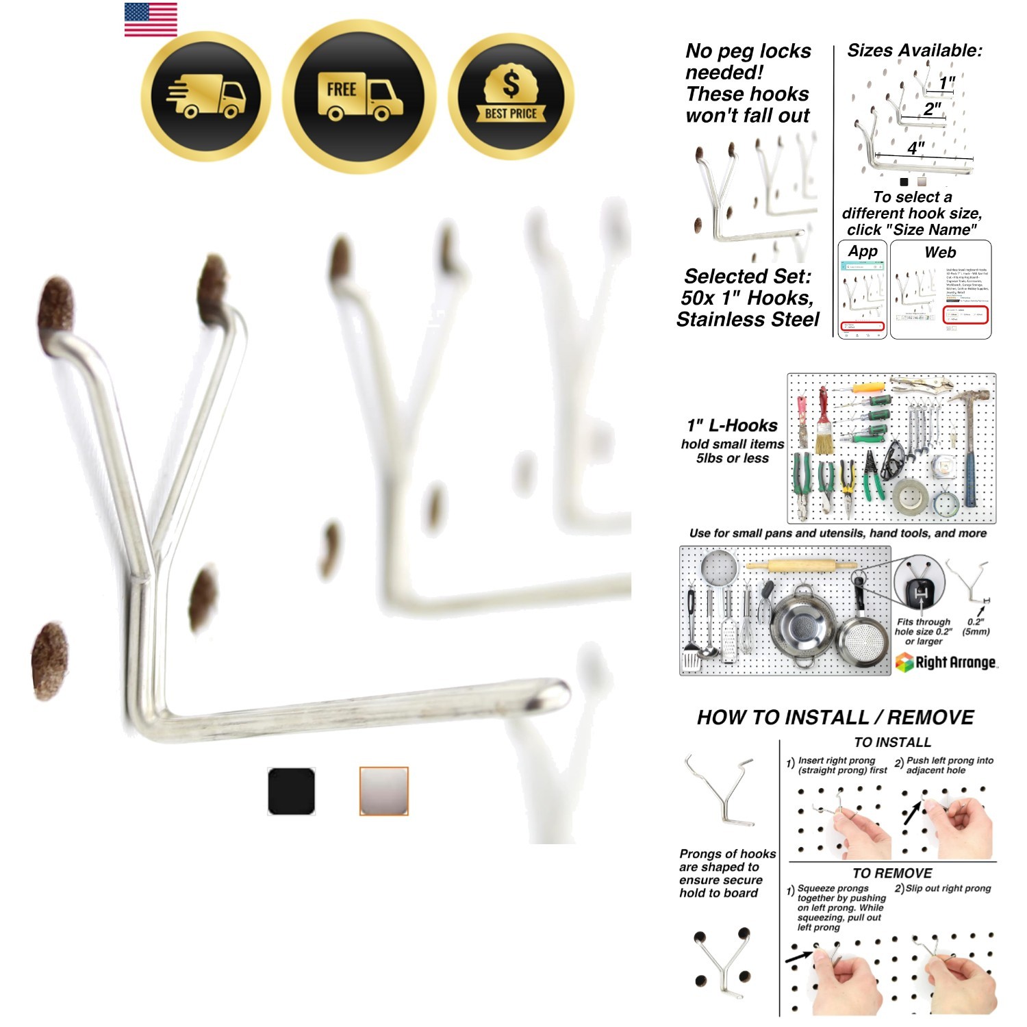Stainless Steel Pegboard Hooks 50-Pack 1" L Hook - Will Not Fall Out, Fits An...