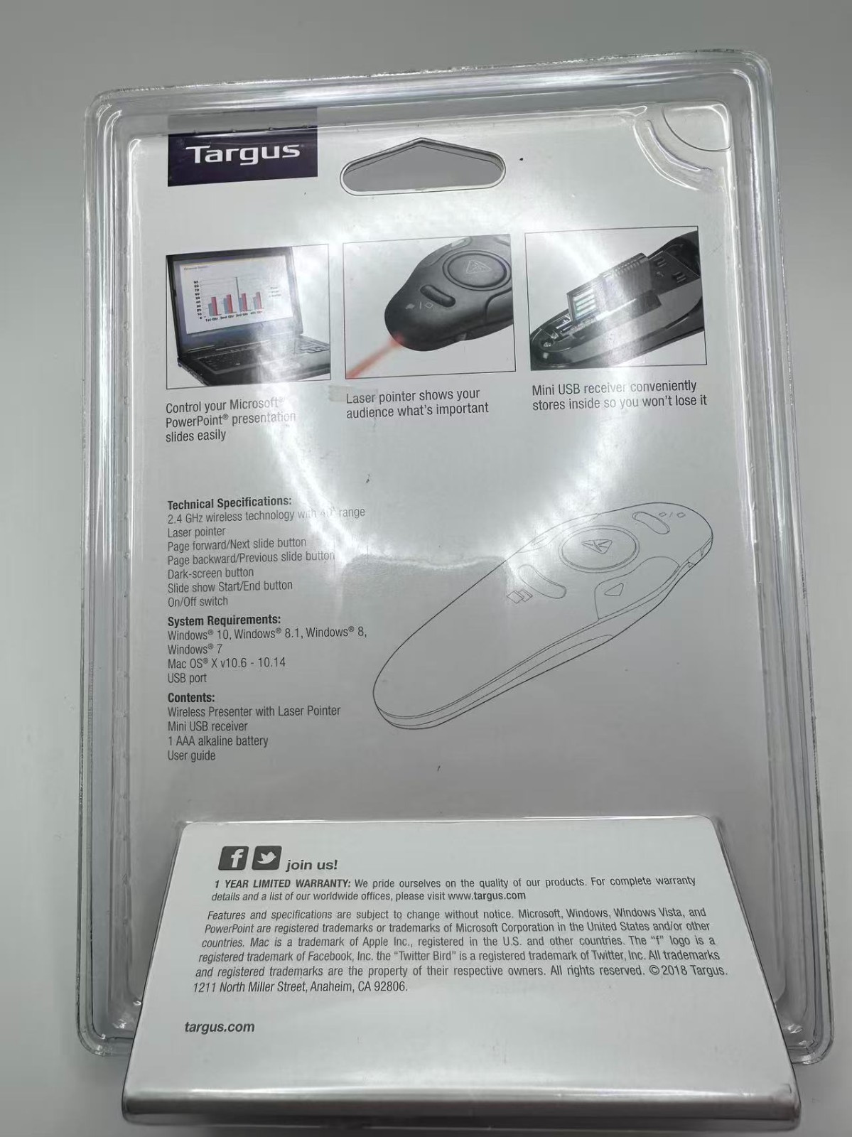 Targus Wireless Presenter with Built-in Laser Pointer 40ft Wireless Range PC/MAC