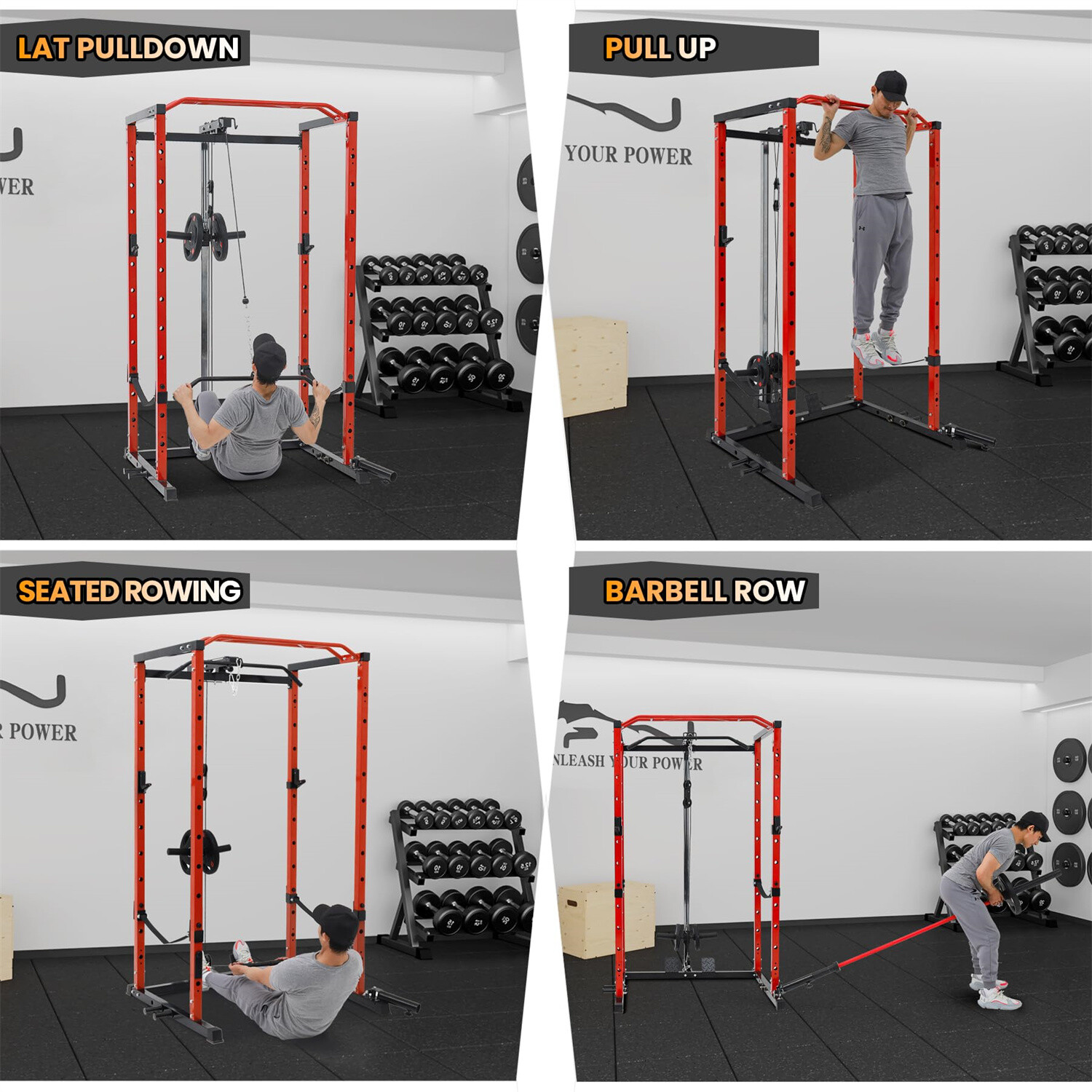 🔥1600LBS Power Cage with LAT Pulldown Multi-Functional Power Rack with J-Hook T