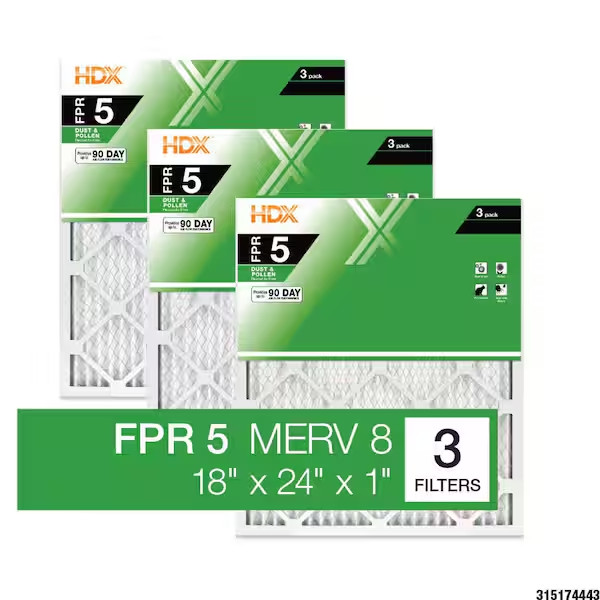 18 in x 24 in x 1 in Standard Pleated Furnace Air Filter FPR 5 MERV 8 (3-Pack)