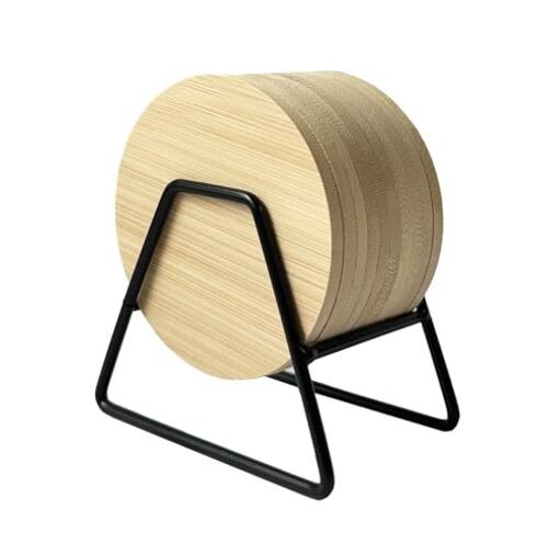 Set of 10 Bamboo Wood Coasters, Bamboo Drink Coaster with Metal Holder, Round