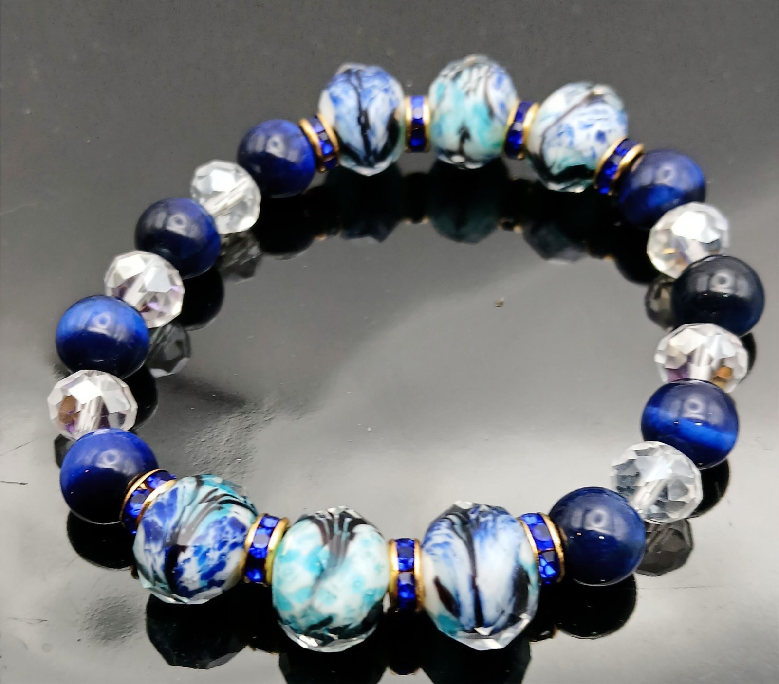 Gorgeous Blues! Lampwork Beads Blue Tiger Eye Blue Sparkles Beaded Bracelet