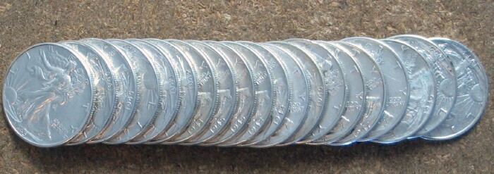 ROLL WALKING LIBERTY SILVER HALVES (MIXED DATES) AU/BETTER (14 ROLLS AVAILABLE)