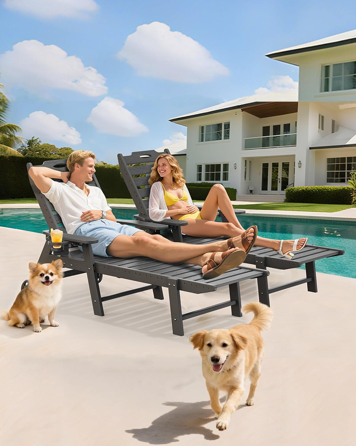 Grey Adjustable Outdoor Lounge Chair with Wheels & Cup Holders