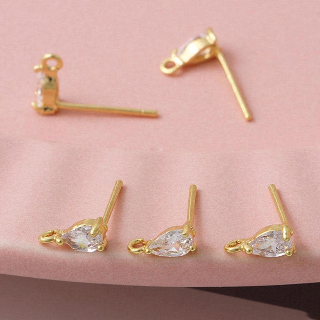 2Pairs 18K Gold Plated Stud Earrings Connector, CZ Teardrop Earrings GJS502