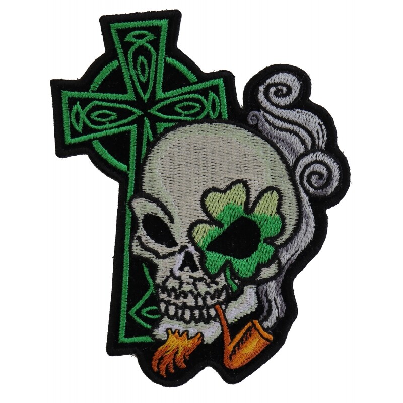 Embroidered Patch (Iron-On), Irish Skull Celtic Cross Smoking Pipe, 3.5" x 4"