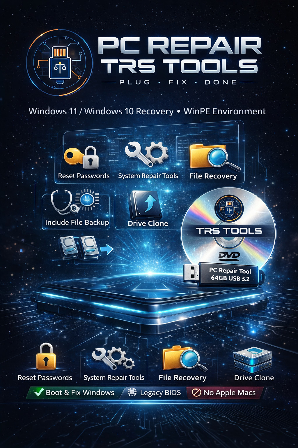 Windows 11, 10  Bootable Recovery DVDUSB PC Repair Restore Troubleshoot
