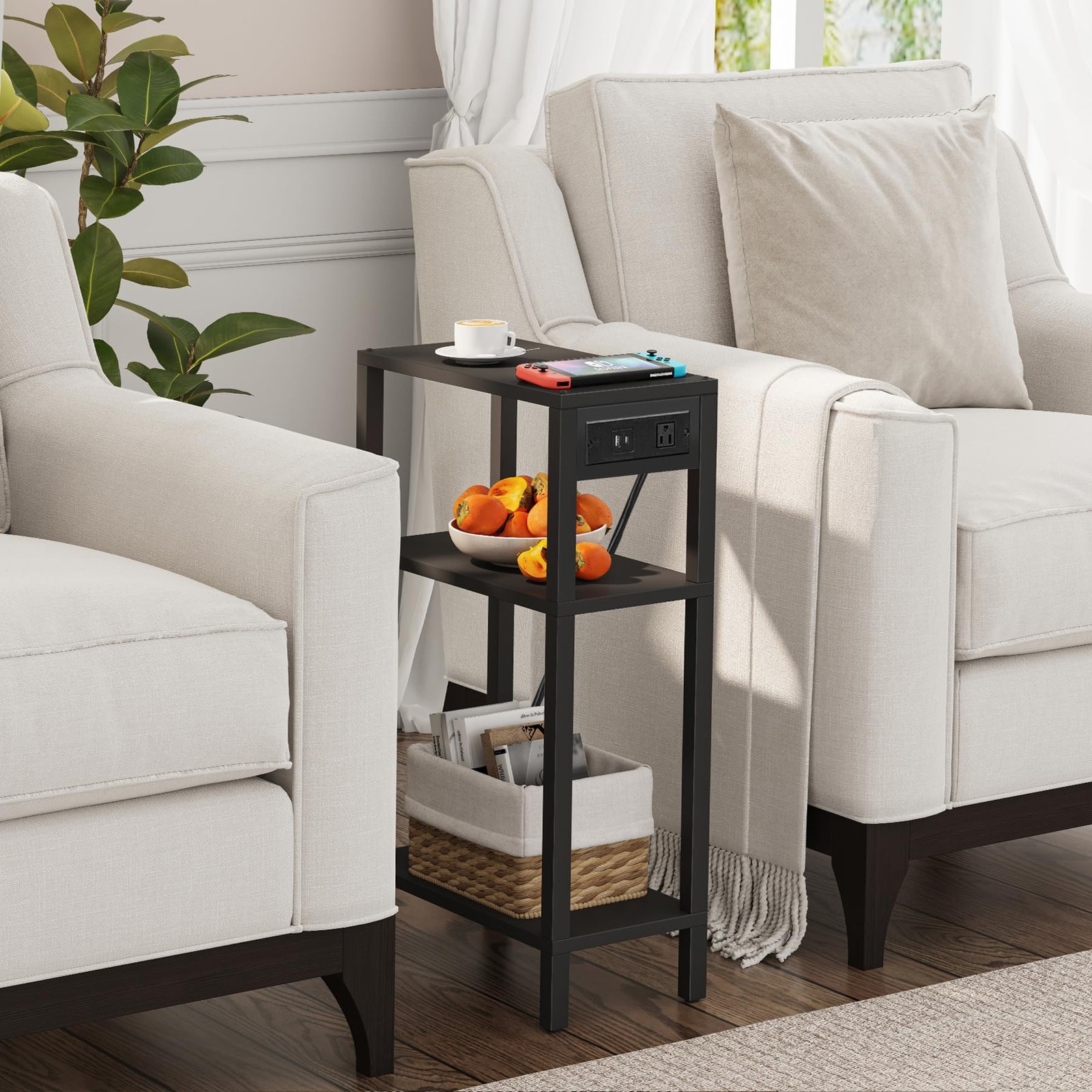 Narrow Side Table with Charging Station,Small End Table with USB Ports and Ou...
