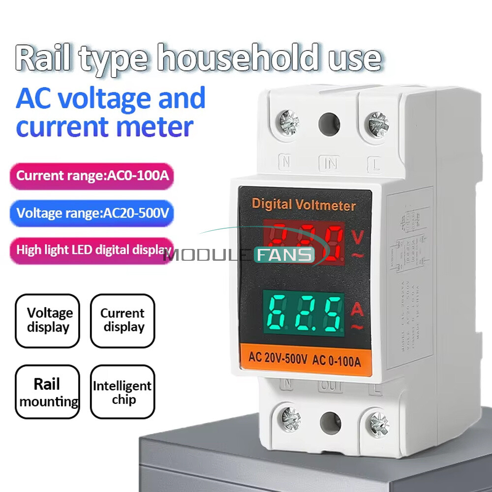 AC 50-500V 100A Din Rail Single-phase Digital Voltage LCD Voltage Current Meter