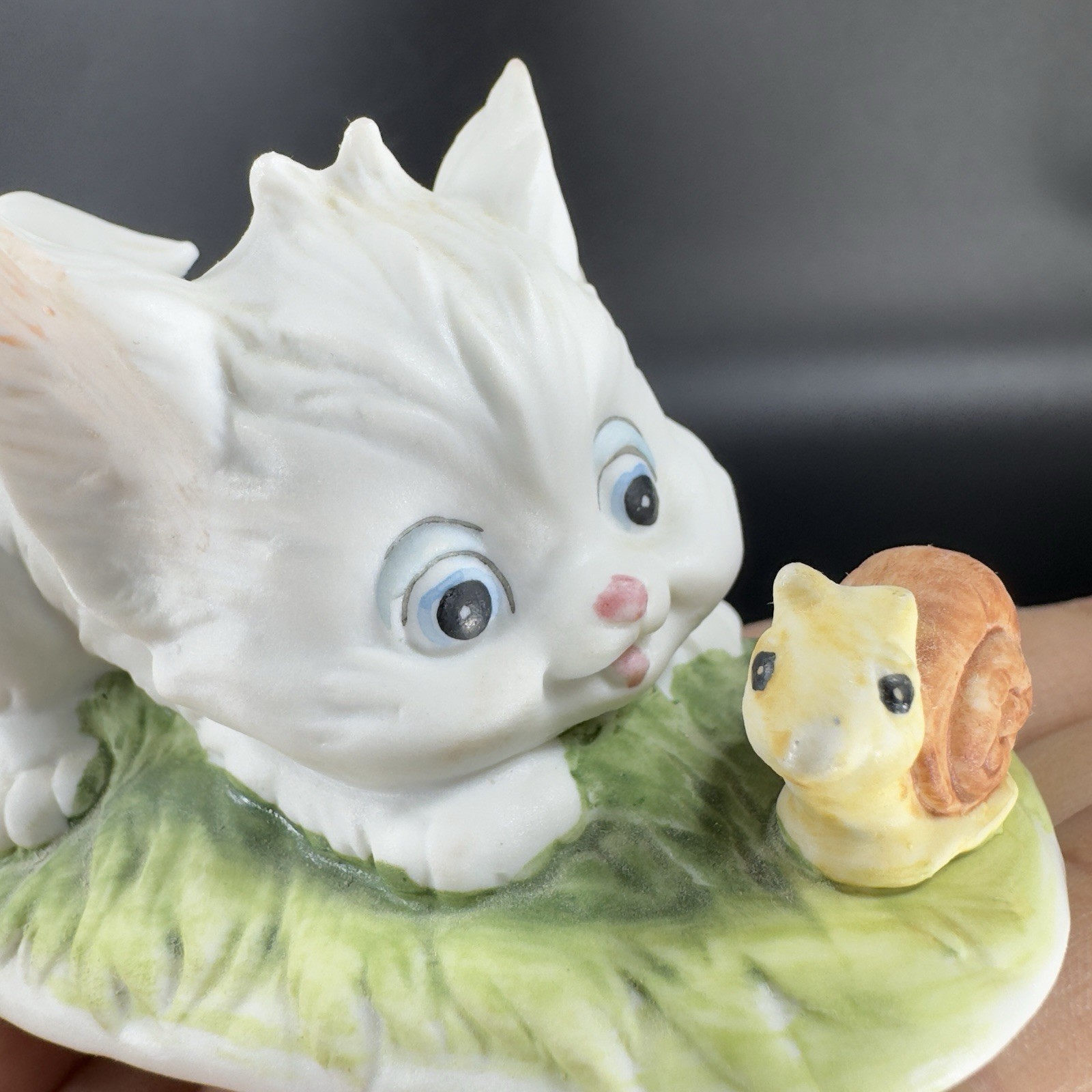 Vintage Lefton China White Kitten And Snail Ceramic Whimsical Figurine Decor VTG