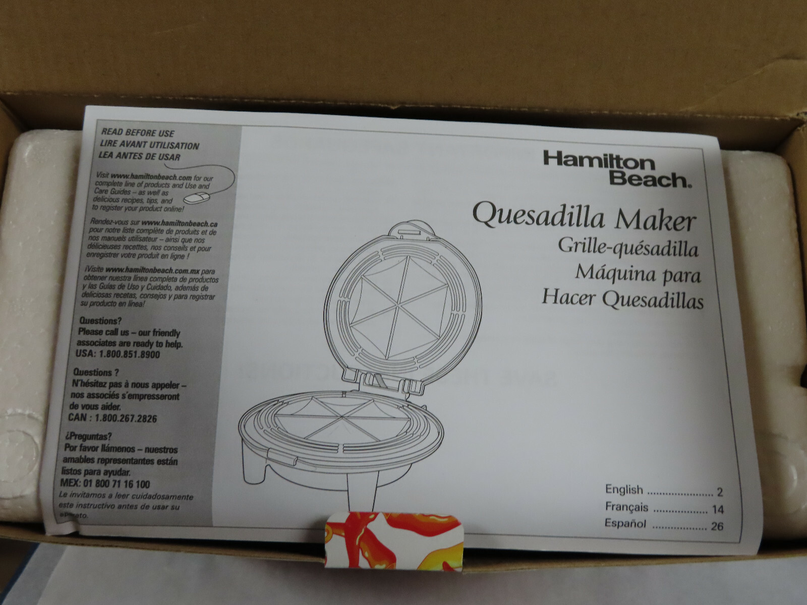 NIB IN ORIGINAL PACKING HAMILTON BEACH 25409 QUESADILLA MAKER NEW