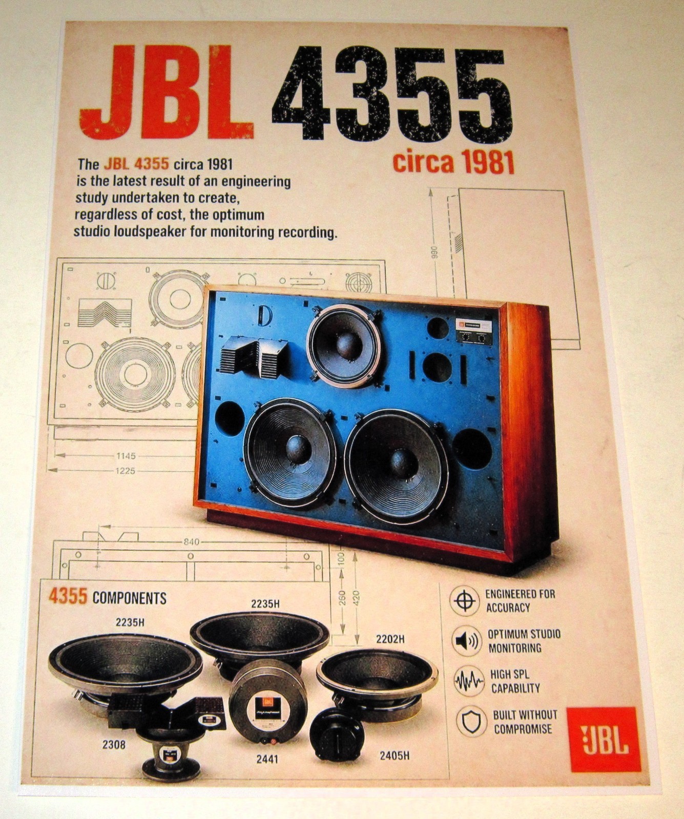 JBL 4355 Studio Monitors Speakers Poster 19" x 13" Audiophile Vintage Horns '81