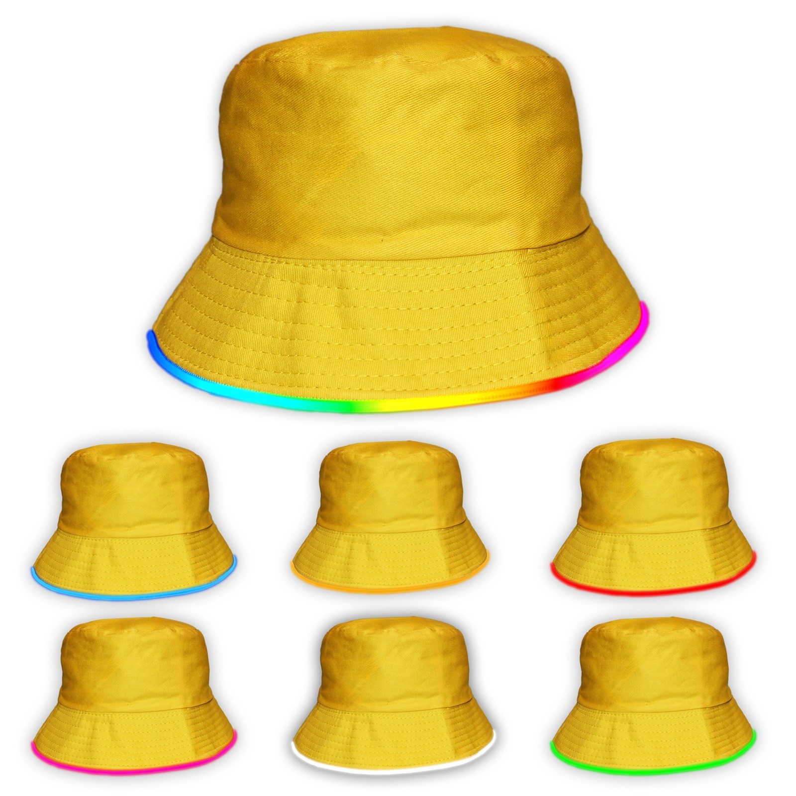 LED Bucket Hat (Yellow) - 7 Color LED Rave Hat - Light Up Festival Hats