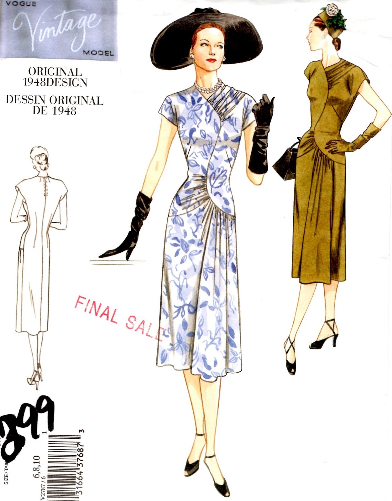 Vogue Sewing Pattern 2787  sz 6-8-10  Dress, 40s vintage-style