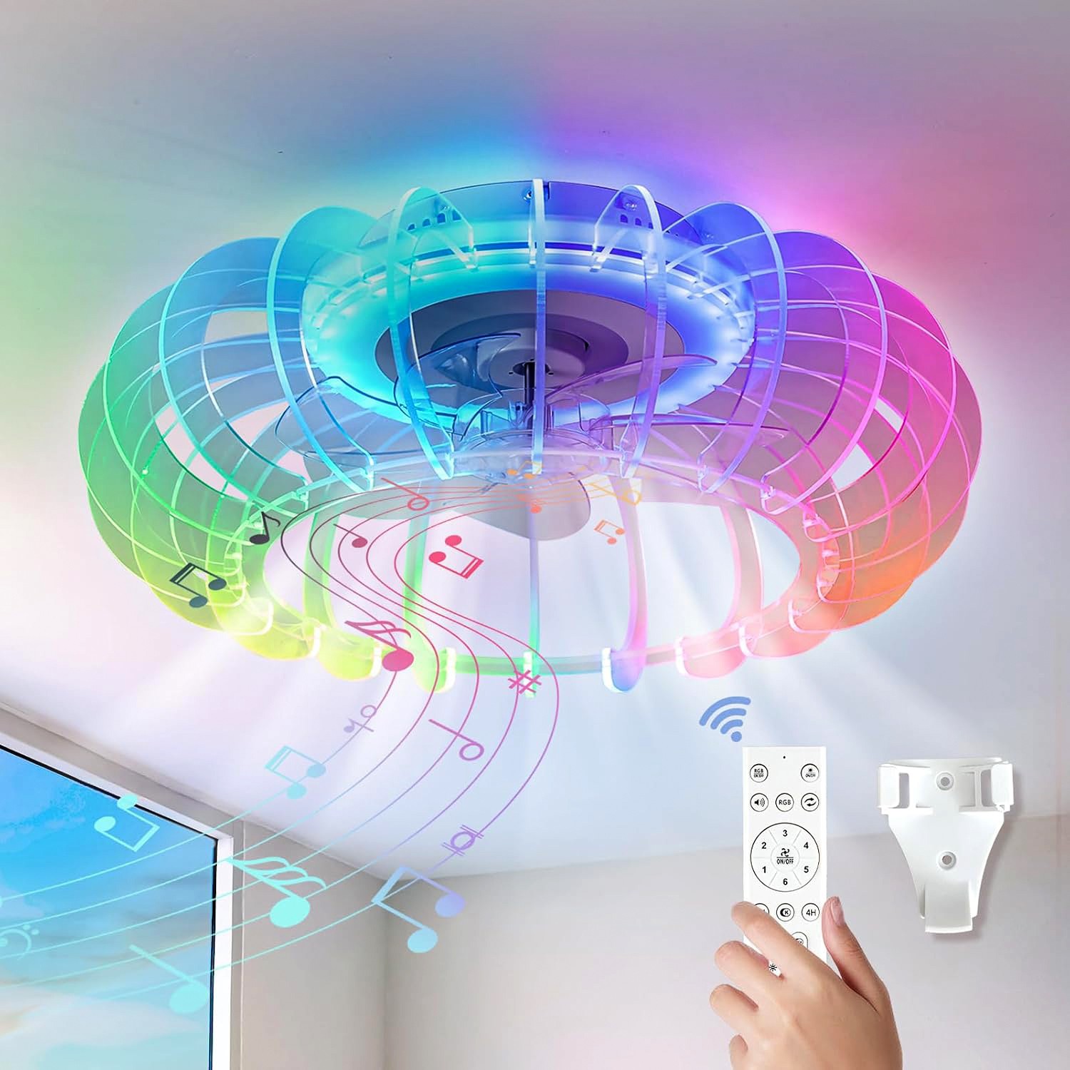 21" LED Ceiling Fan with RGB Light Flush Mount Bluetooth Speaker Remote Control