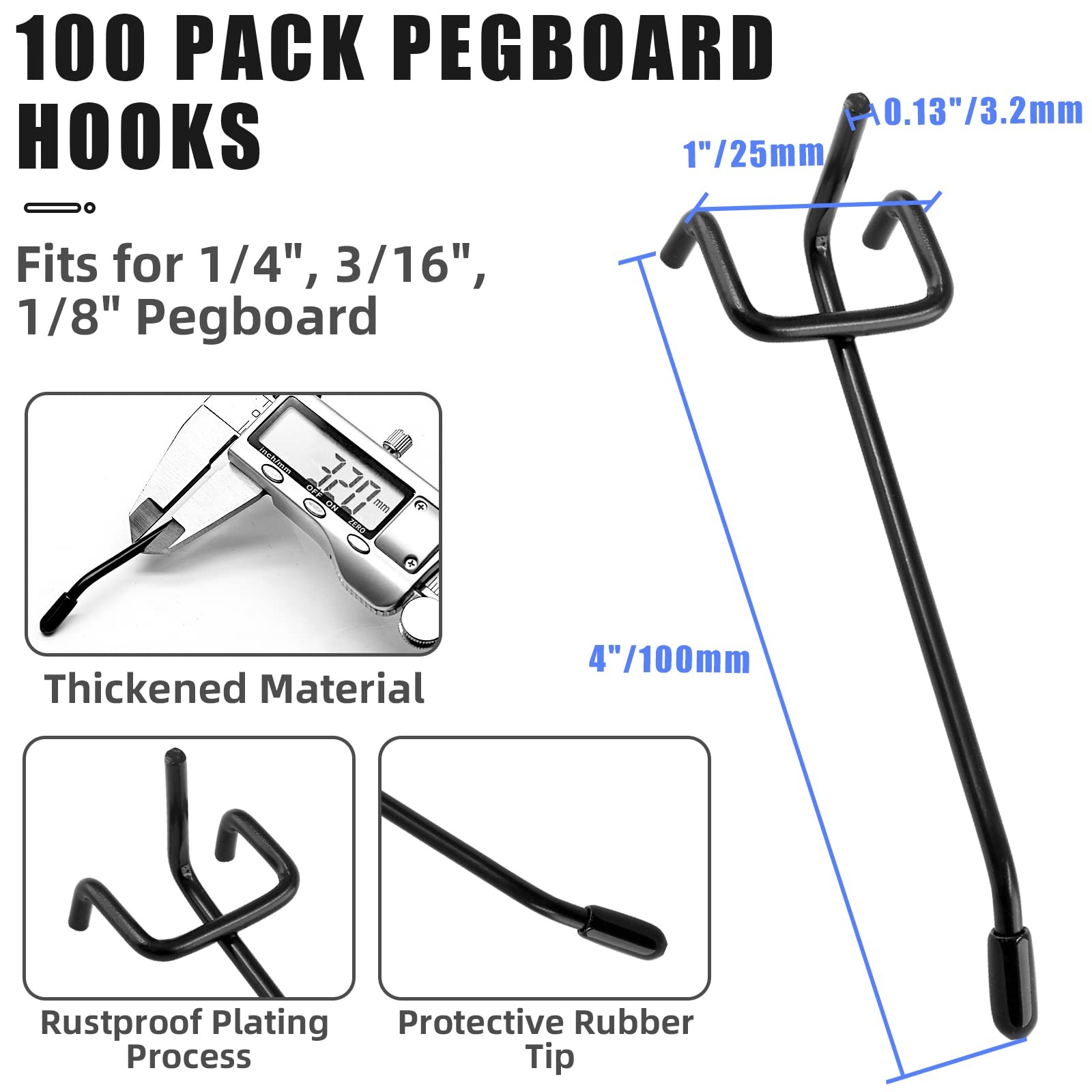 100 Pcs 4 Inch Black Pegboard Hooks for 1/4" 3/16" 1/8" Pegboard Storage