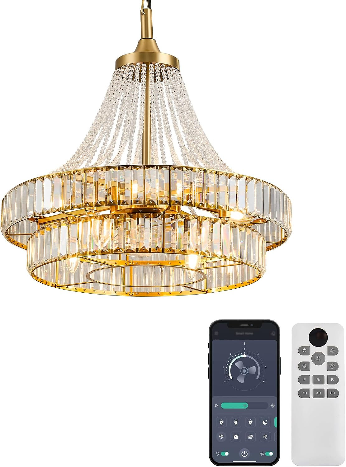 24“ Modern Crystal Chandelier Ceiling Fan with Lights, Remote & App Control, 6-S