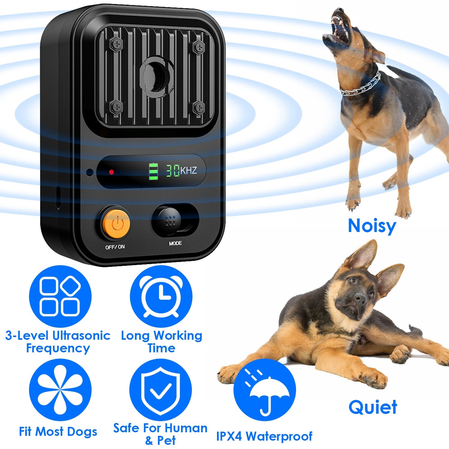 Waterproof Ultrasonic Dog No-Bark Device Rechargeable w/ 3 Frequency Options
