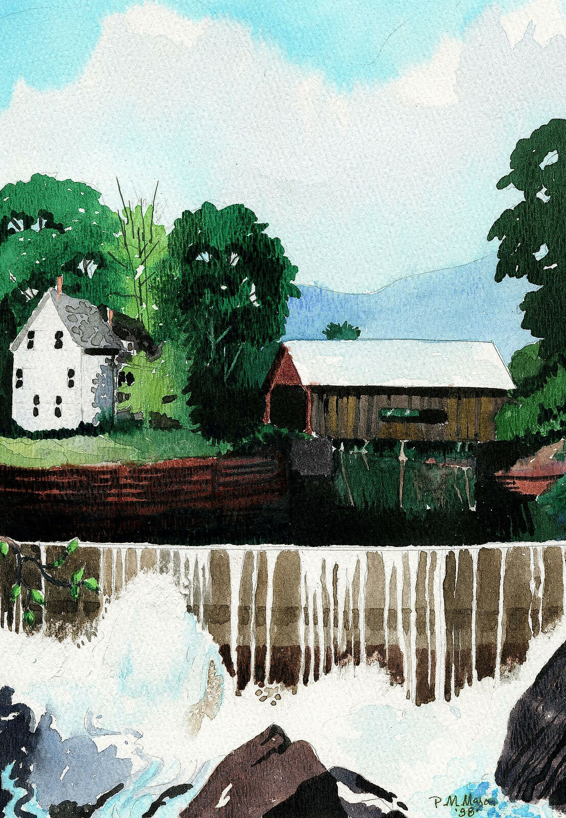 Warren Covered Bridge, Mad River Waterfall, Vermont. Summer. Art notecards