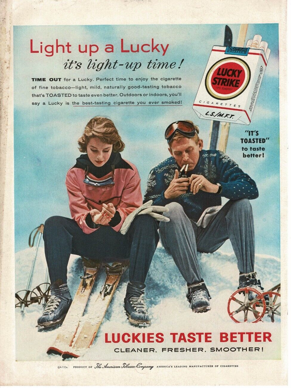 1956 Lucky Strike Cigarettes man woman skiers winter snow Vintage Print Ad