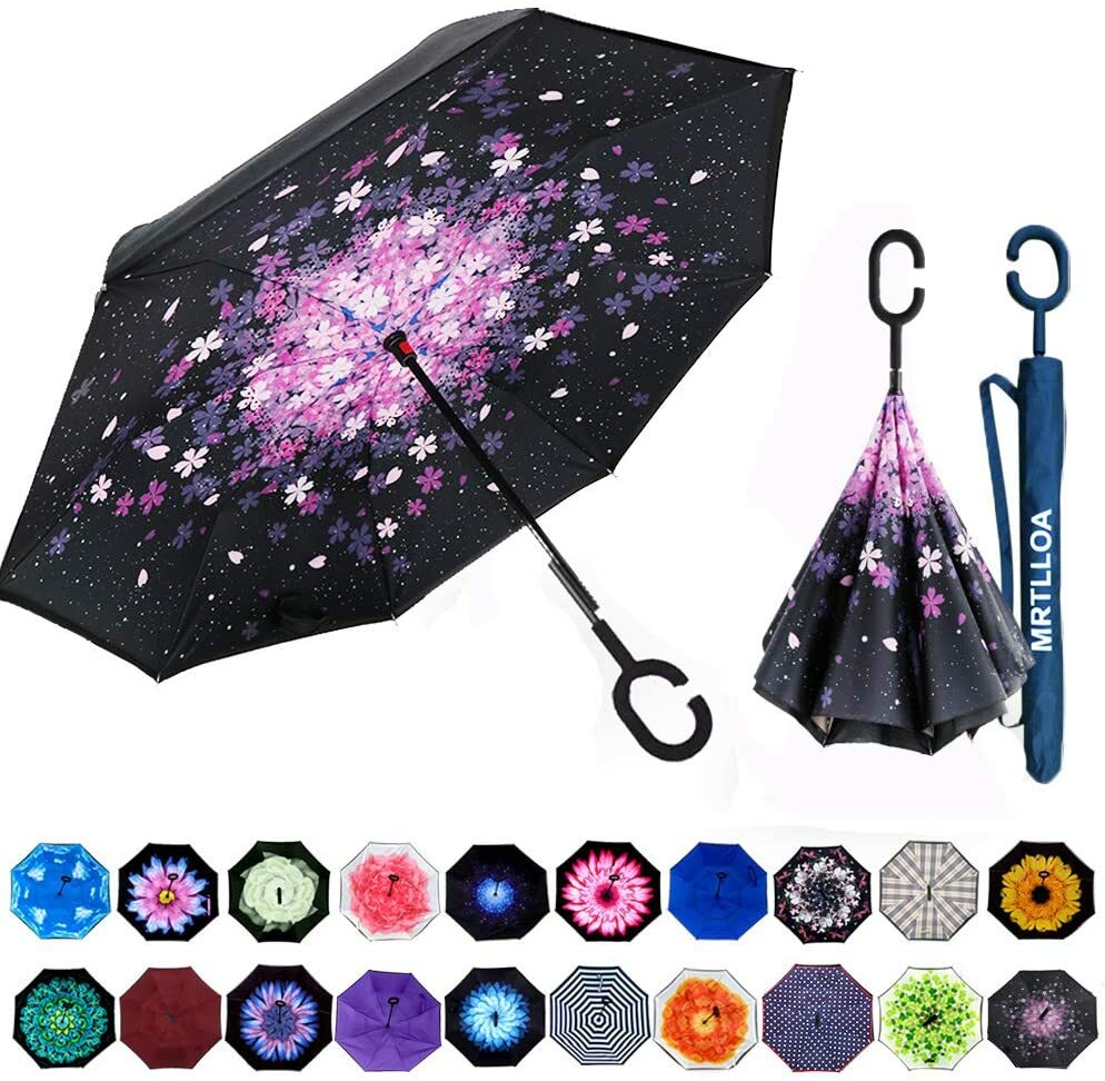 C-Handle Inverted Reverse Umbrella, Flower/City/Unicorn, Inside-out, Upside-down