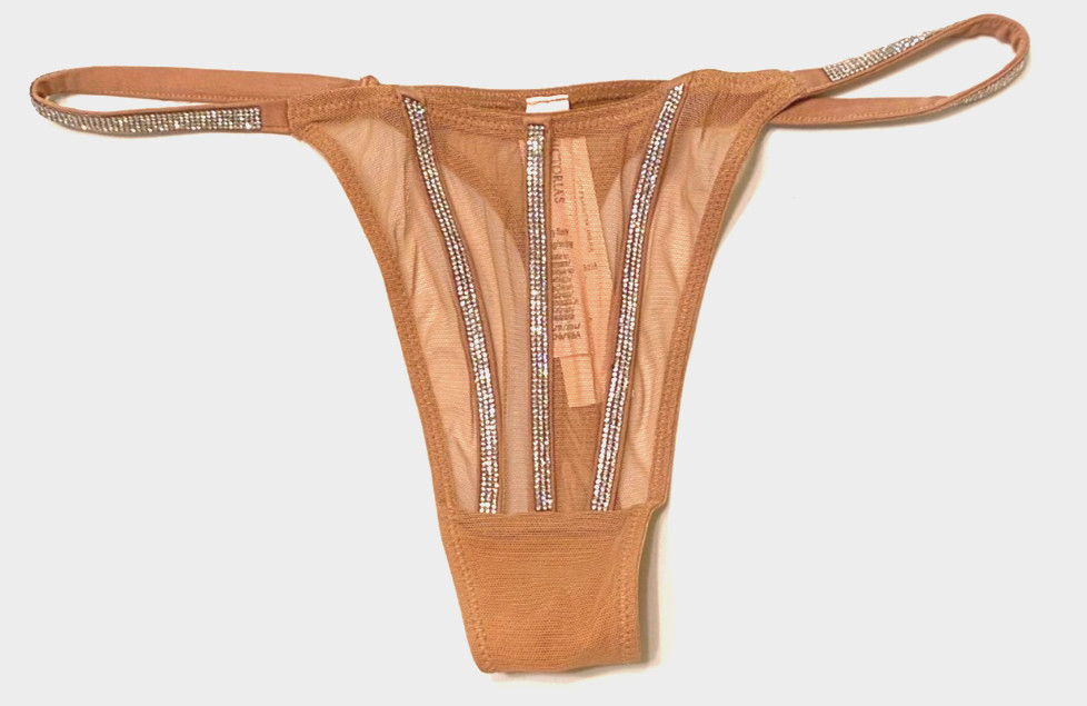 Victorias Secret Sexy Beige Sheer Shine Strap Thong Panties Size S Rhinestones