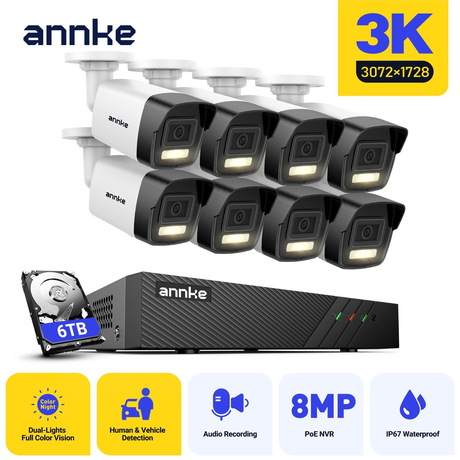ANNKE 8CH 4K NVR POE 5MP Audio Security Camera System 3K Outdoor AI Color Night
