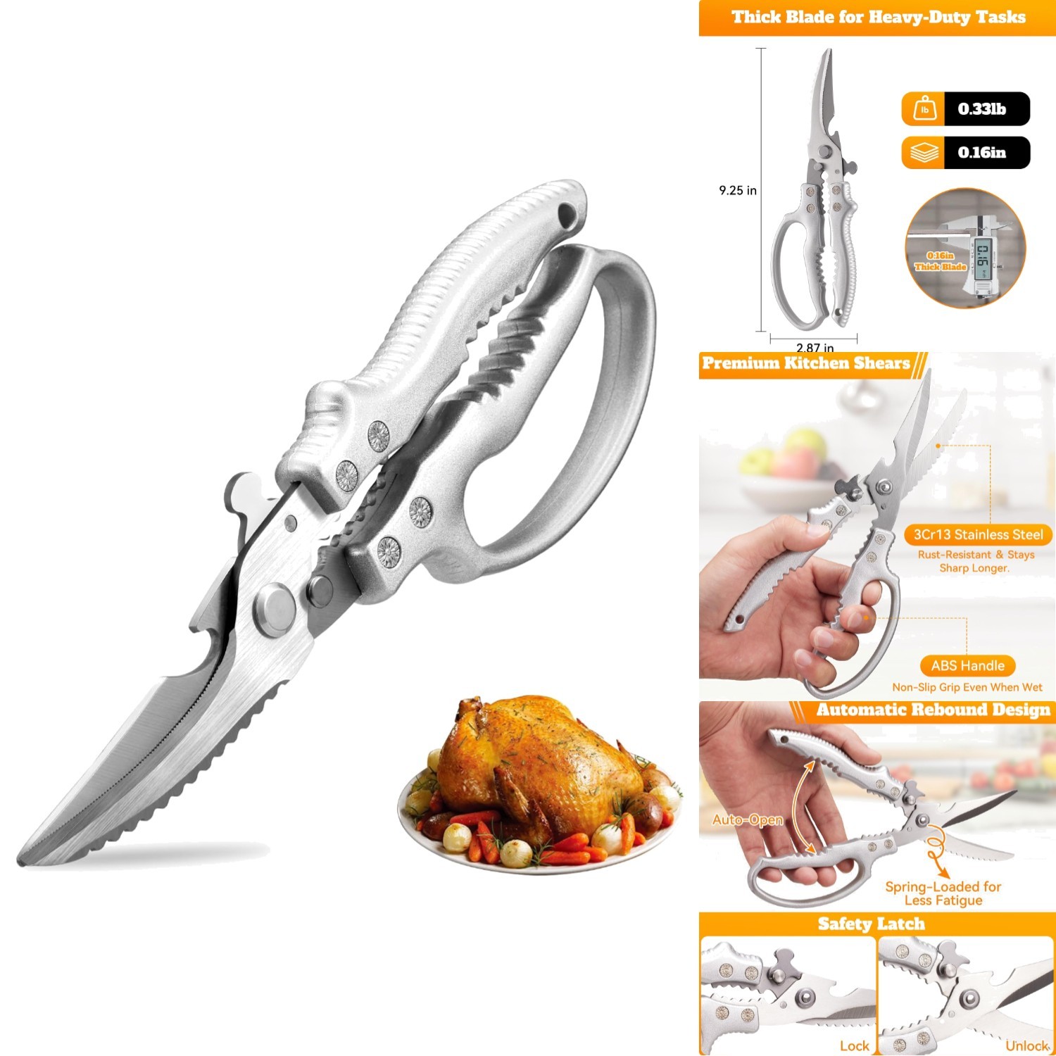 Heavy Duty Kitchen Shears Stainless Steel Poultry Scissors Meat Bone Cutter Tool