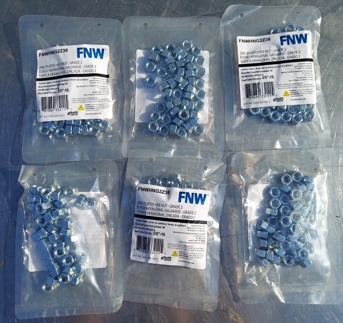 6-Packs of 50 FNW Zinc Plated Grade 2 Steel Hex Nuts  3/8"-16 FNWHNG2Z38