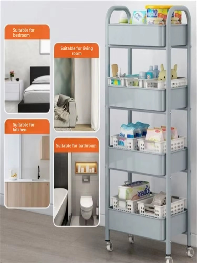 Trolley with Handlebar and Storage Rack Floor Standing Multi Layer Storage Cart