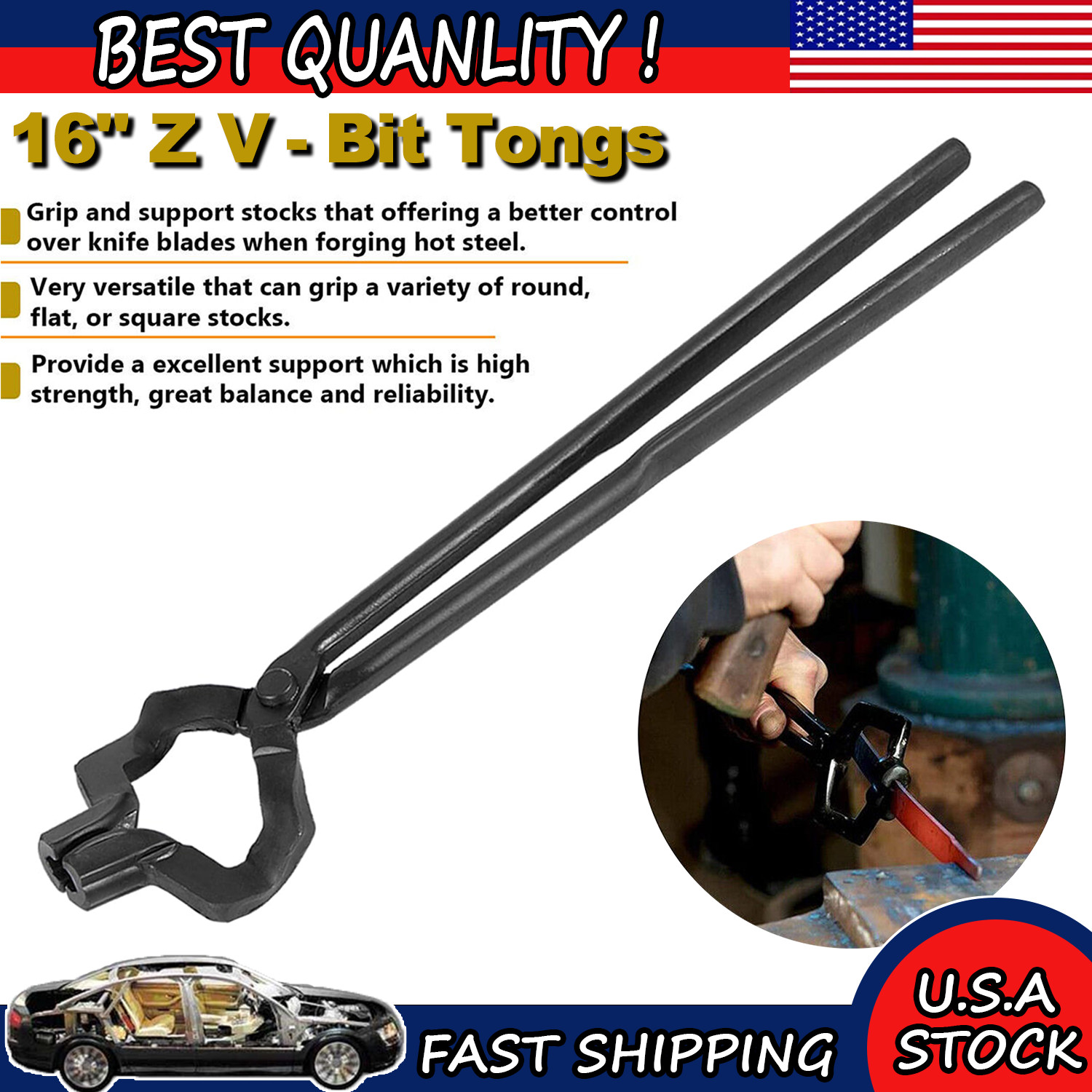 Knifemaking and Blacksmithing Tongs 16" Z V-Bit Style Blacksmith V-Bit Tongs