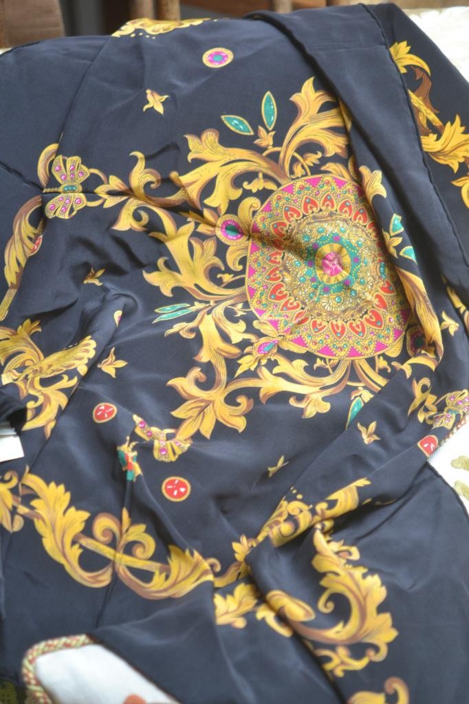 Vintage Dana Buchman Saks Fifth Ave. 100% Silk Scarf Black Bright Print NWT