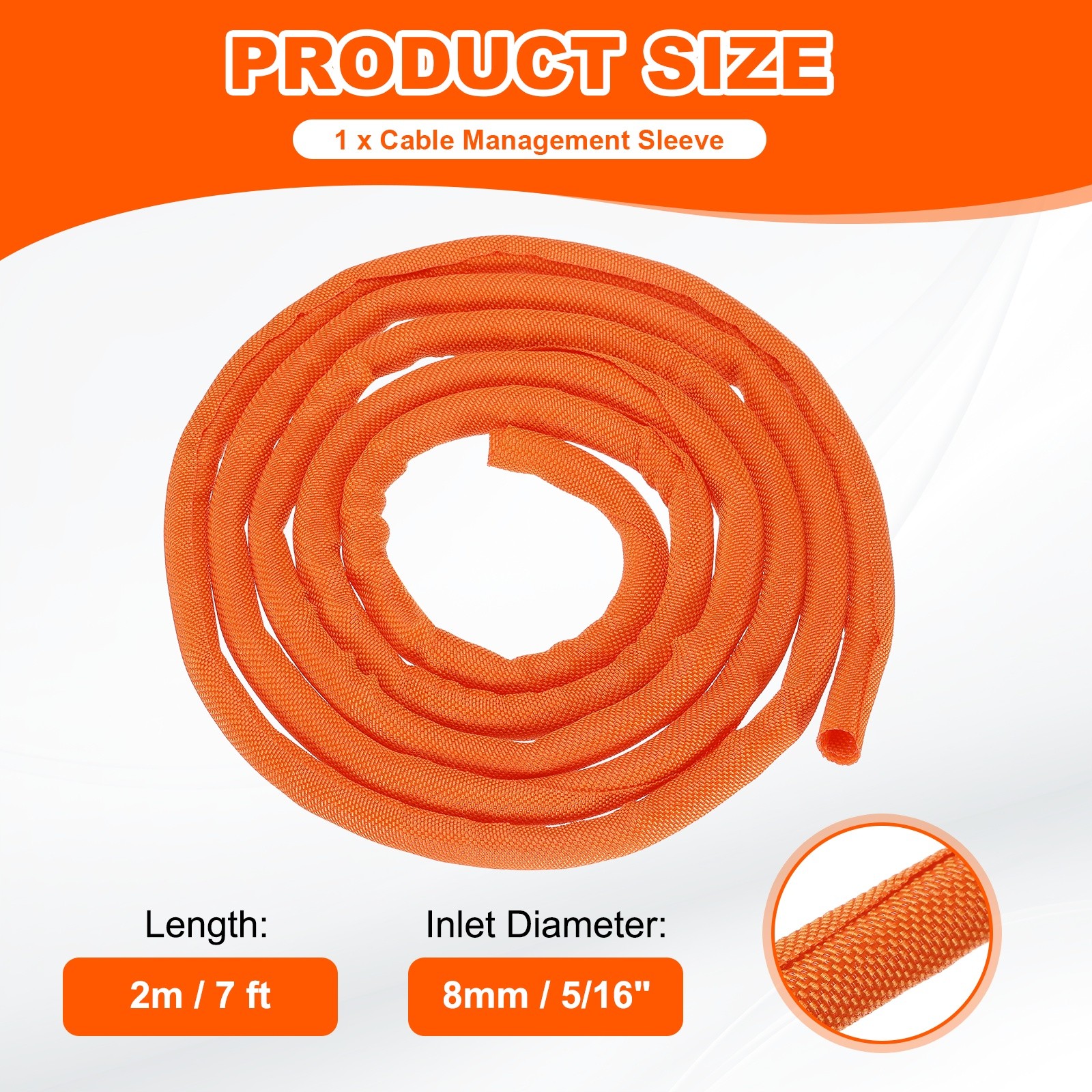 Wire Split Braided Cable Management Sleeve, Orange (5/16" - 7 Feet)