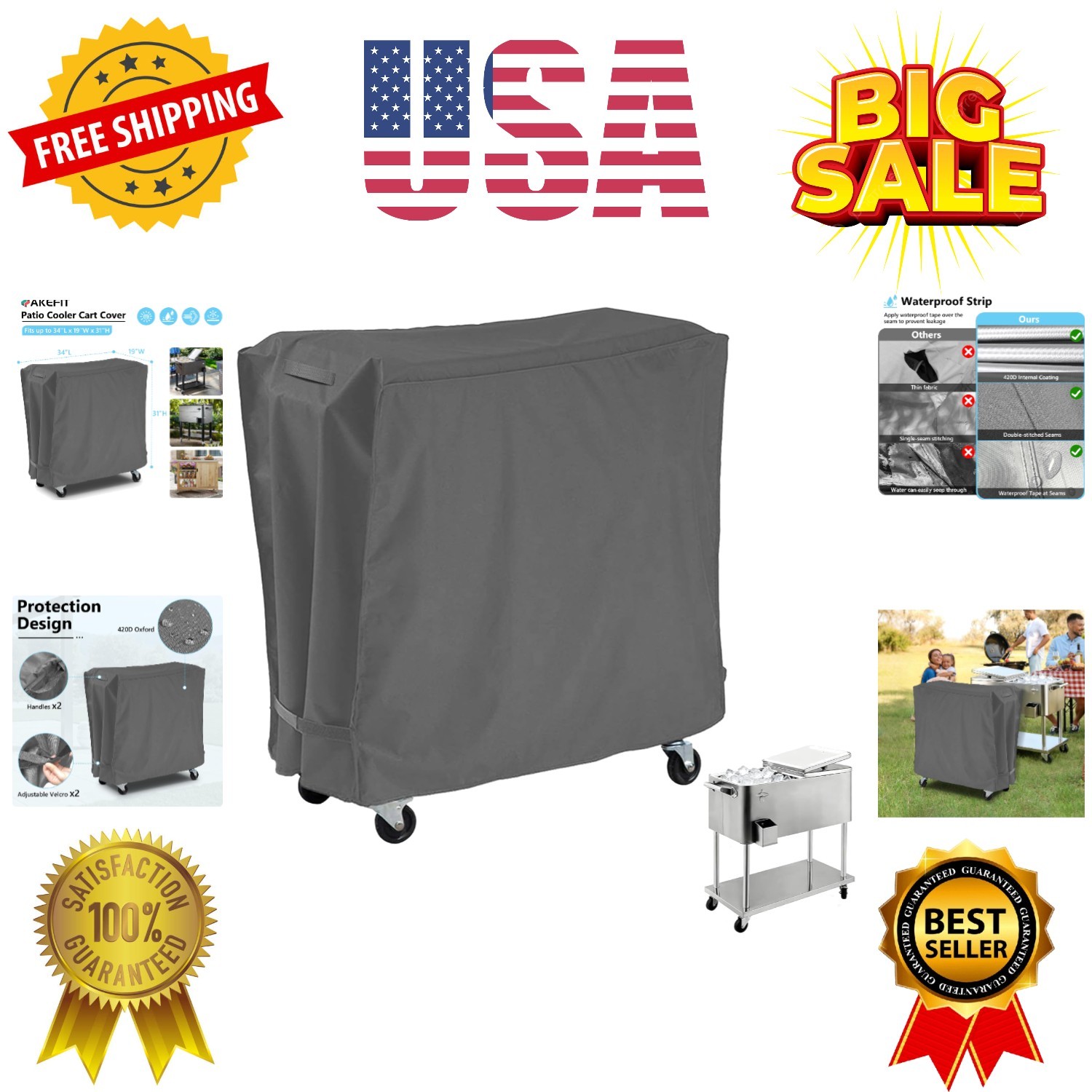 Patio Cooler Cart Cover,Waterproof Ice Chest Cart Cover Fits 65-80 Quart Pati...