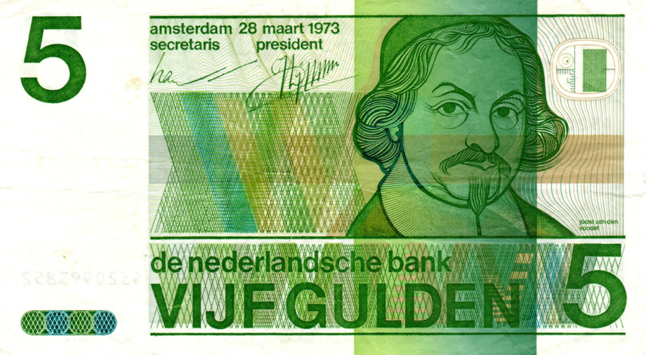 Netherlands 5 Gulden 1973 VF/XF Banknote P-95a Series 4320 Paper Money