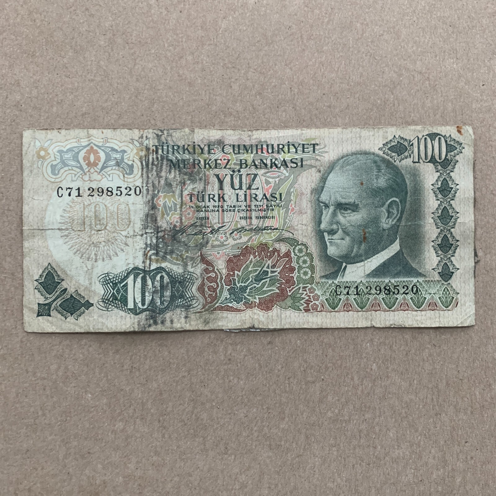 TURKEY 100 Lira Banknote Turkish Currency Mustafa Kemal Ataturk Used Memorabilia