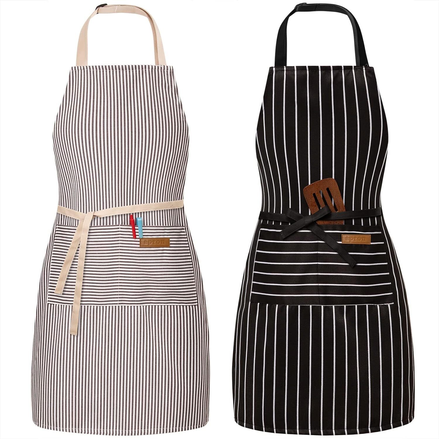2 Pack Adjustable Bib Apron with 2 Pockets Chef Cooking Black/Brown Stripes