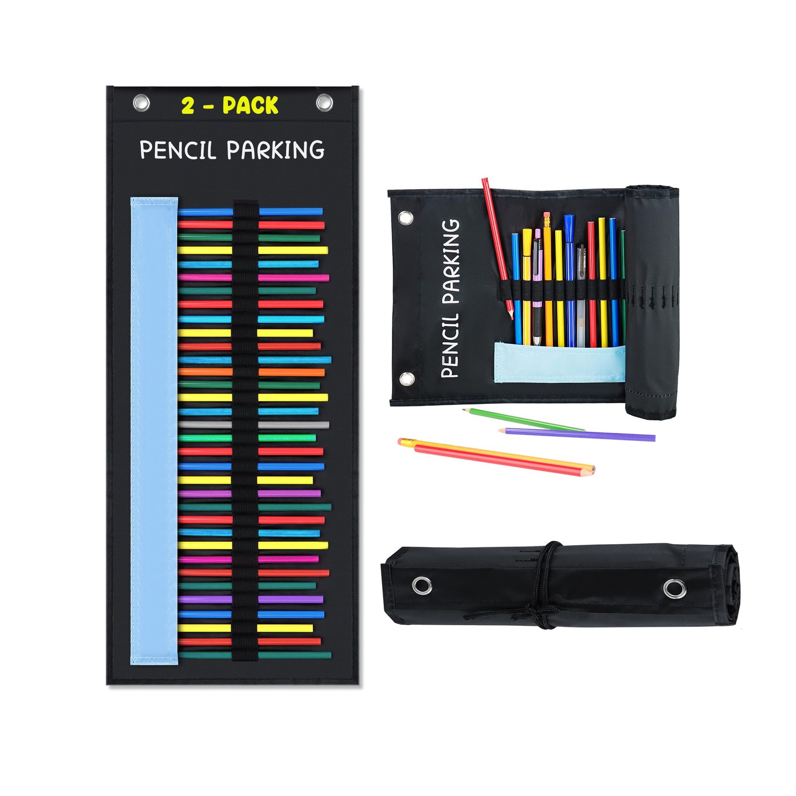 2 Pack Pencil Parking Pocket Chart, 72 Slots, Black, 24 x 10 Inch, Classroom