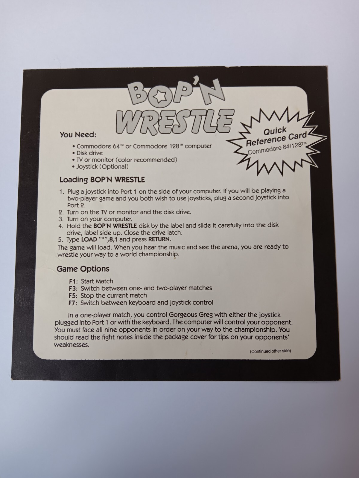 Commodore 64/128 Bop N Wrestle Computer Game Software Tested/Works