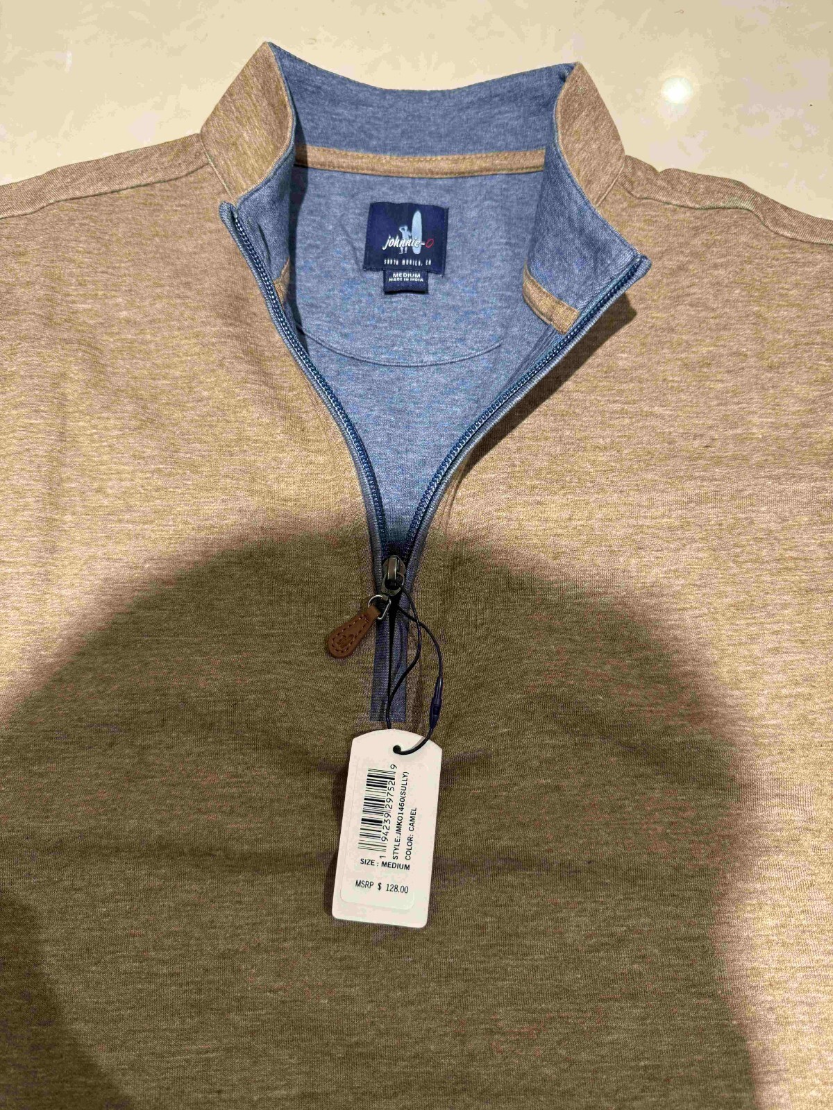 Johnnie-O Performance Cotton Quarter Zip Pullover Sweater Brown Med $128 CAMEL X