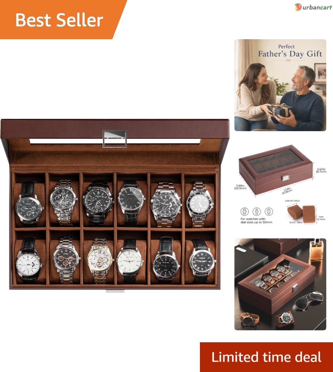 Elegant 12-Slot Watch Box Organizer with Glass Lid