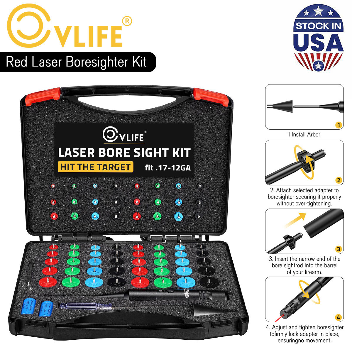 Professional Laser Bore Sight Kit 64 Caliber Adapters Upgraded Red Bore Sighter