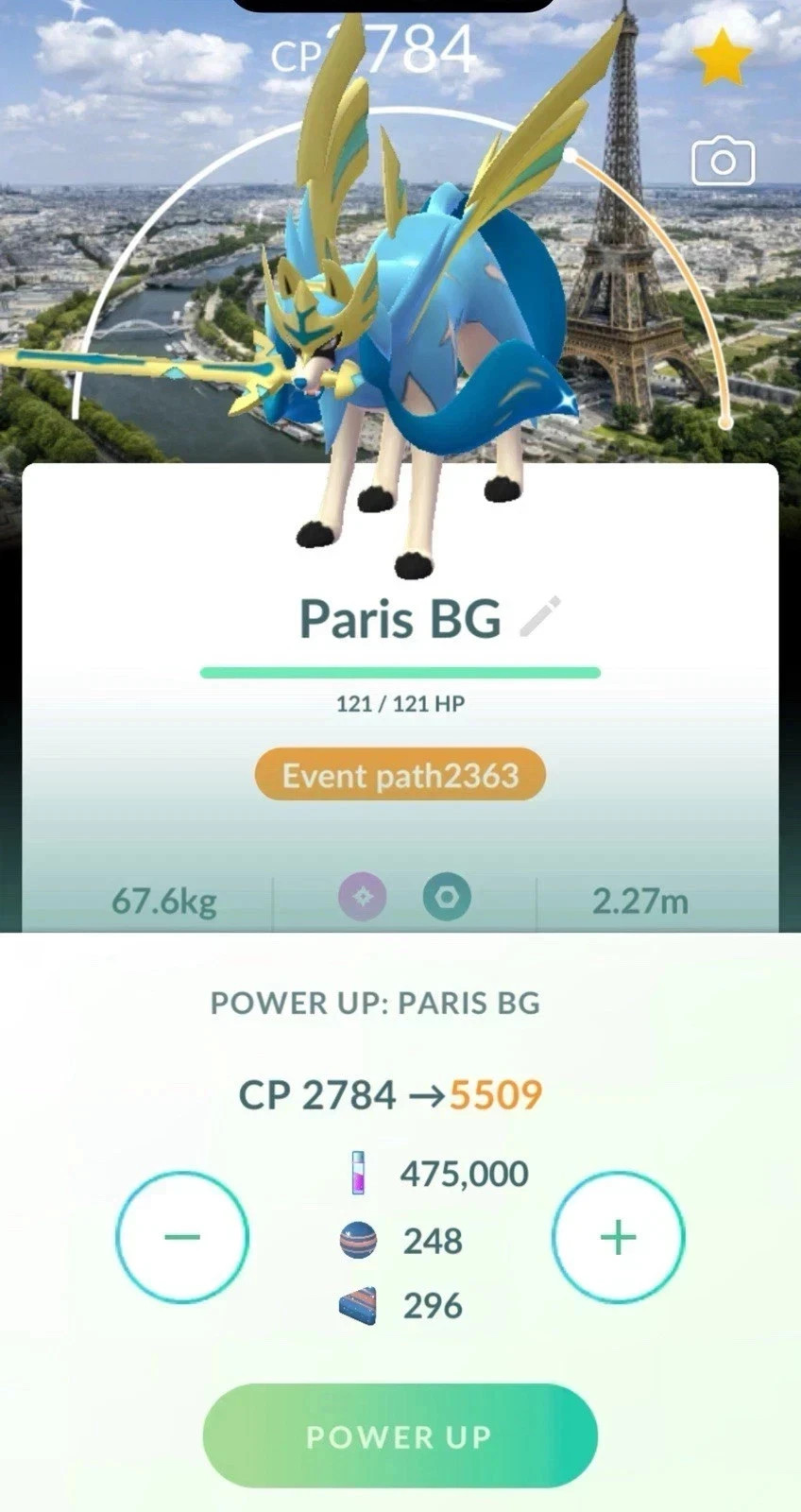 Pokémon G0 --- Shiny Zacian Level 50 - 3 move Crowned Sword Transformed BG Paris