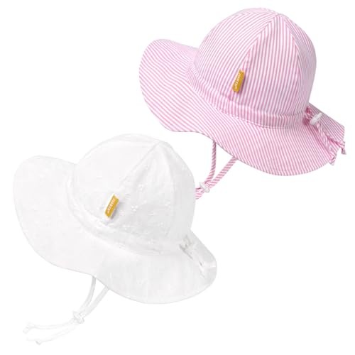 Baby Girl Sun Hat with UPF 50+ Outdoor 2-4T Beige White & Pink Stripe-2pcs