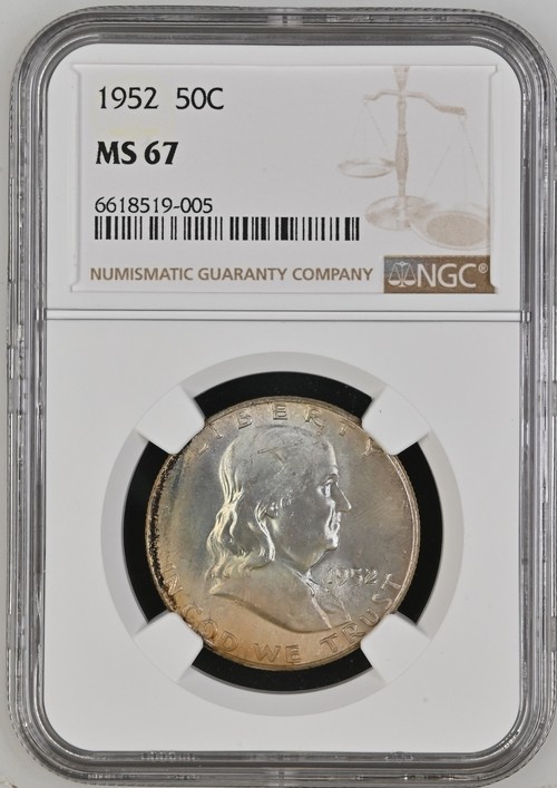 1952 50C "NGC MS67" - TONING WITH A HIGH MS, BEAUTIFUL COIN, NGC VALUE 1550!💥✅