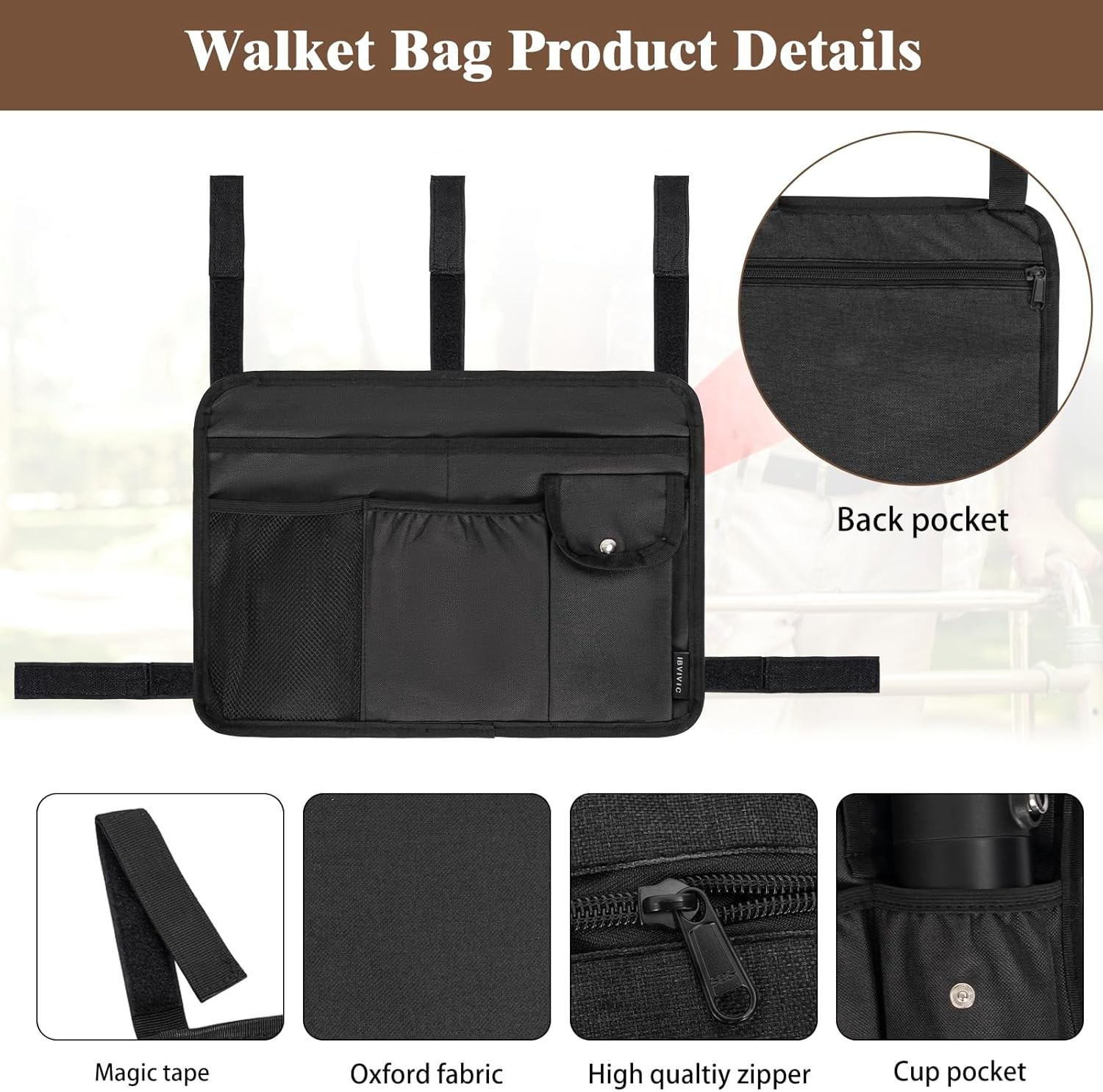 Walker Bag Multiple Pockets Basket for Folding with Cup Black