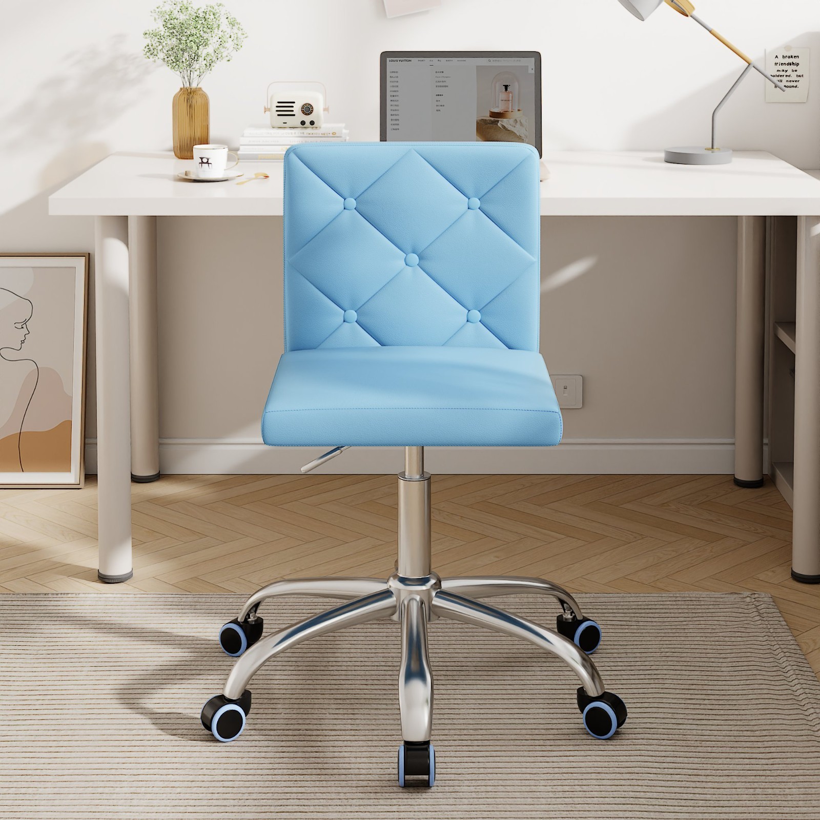 Armless Office Chair PU Leather Swivel Adjustable Ergonomic Desk Home Study Seat